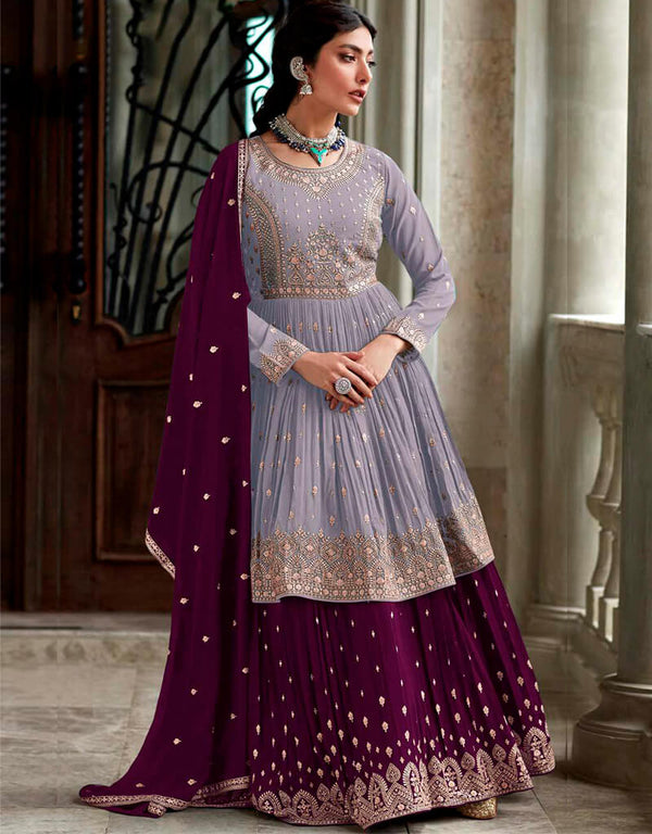 Greyish Purple Lehenga style Dress Faux Georgette Salwar Kameez in Sequins Embroidery & Lace Work