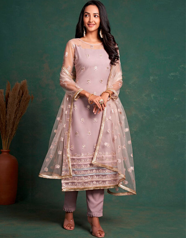Cavern Pink Pant style Straight Butterfly Net Salwar Kameez in Embroidery, Sequins & Lace Work