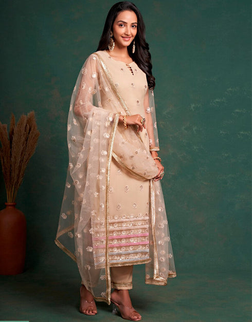 Tea Rose Pant style Straight Butterfly Net Salwar Kameez in Embroidery, Sequins & Lace Work