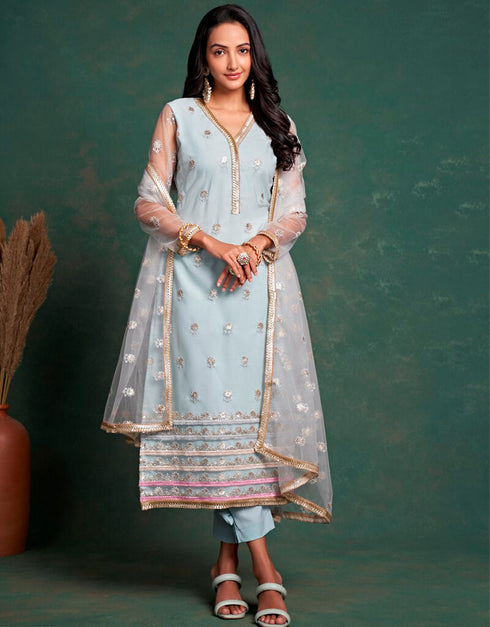 Grey Goose Pant style Straight Butterfly Net Salwar Kameez in Embroidery, Sequins & Lace Work