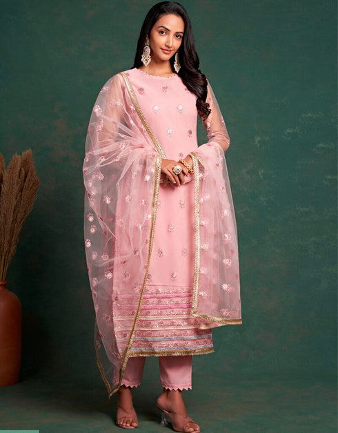 Light Rose Pant style Straight Butterfly Net Salwar Kameez in Embroidery, Sequins & Lace Work