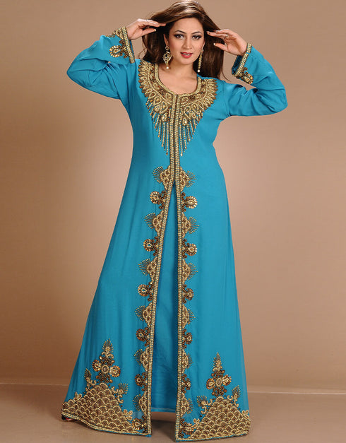 Dubai Yellow Georgette Hand Zari Embroidery Kaftan