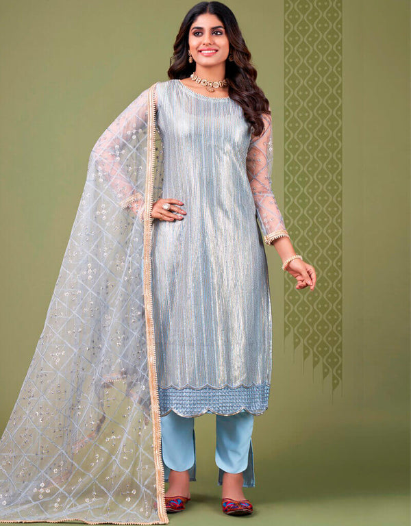 Rock Blue Pant style Straight Butterfly Net Salwar Kameez in Embroidery, Sequins & Lace Work