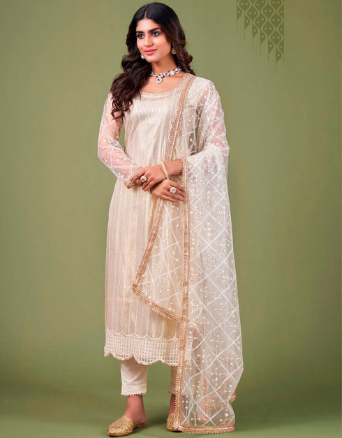 Misty Rose Pant style Straight Butterfly Net Salwar Kameez in Embroidery, Sequins & Lace Work