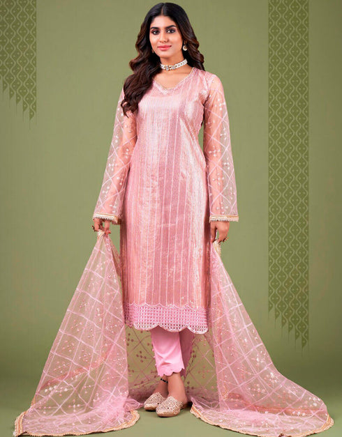 Pink Rose Pant style Straight Butterfly Net Salwar Kameez in Embroidery, Sequins & Lace Work