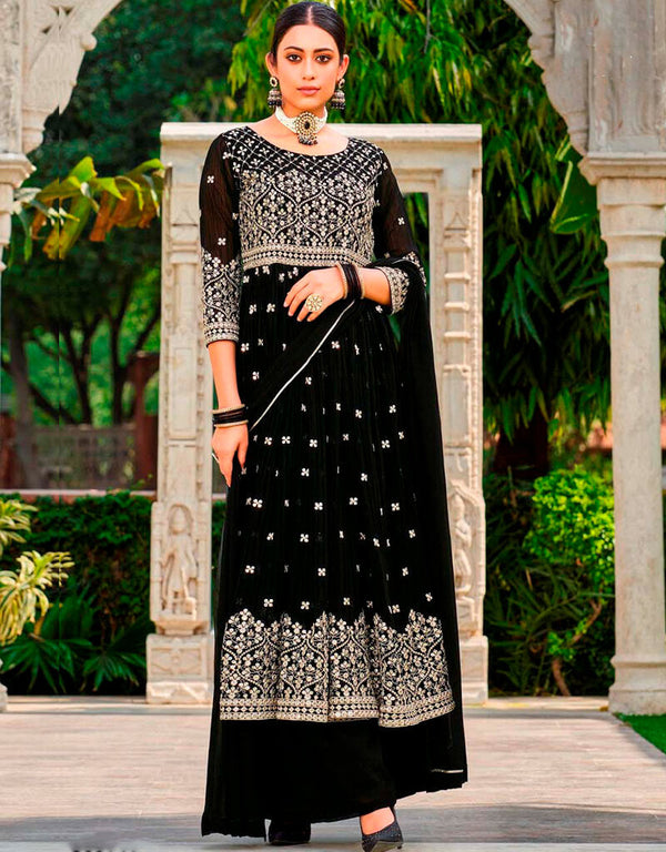 Black Lehenga style Suit Semi-Stitched Designer Salwar Kameez Salwar Kameez in Embroidery, Sequins & Lace Work