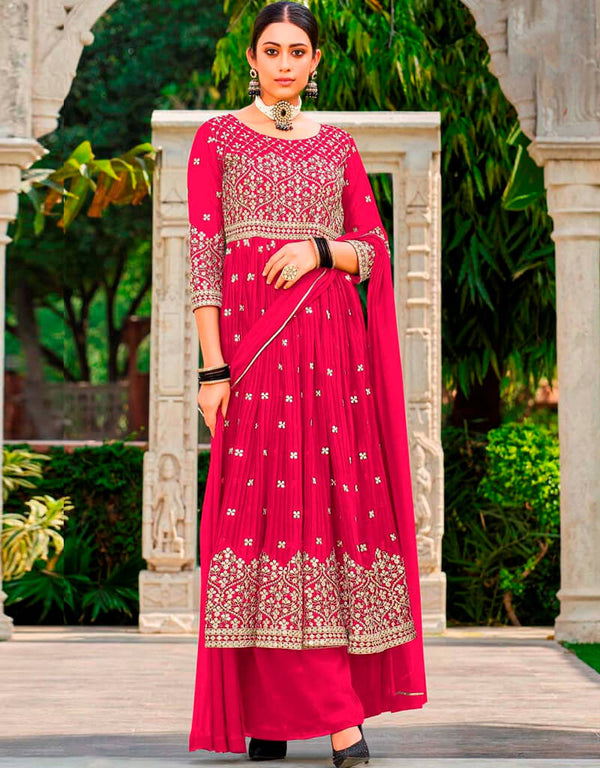 Rose Red Lehenga style Suit Semi-Stitched Designer Salwar Kameez Salwar Kameez in Embroidery, Sequins & Lace Work