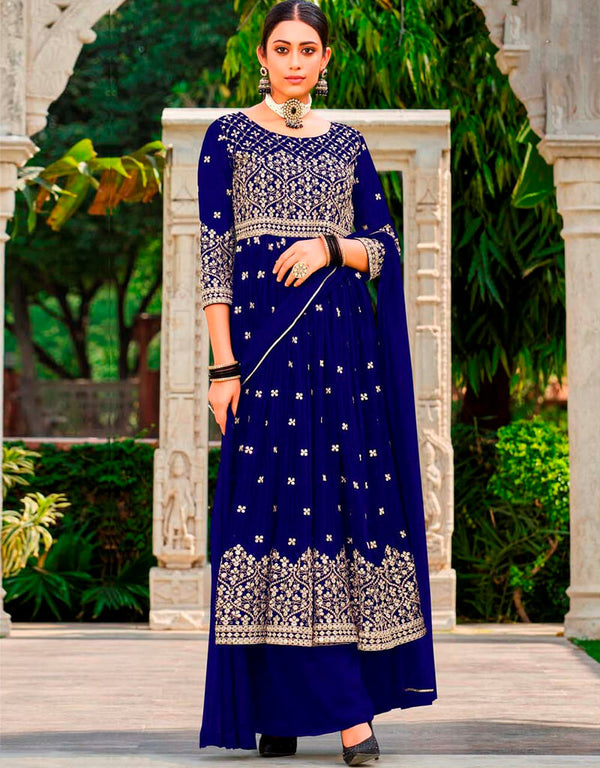 Midnight Blue Lehenga style Suit Semi-Stitched Designer Salwar Kameez Salwar Kameez in Embroidery, Sequins & Lace Work