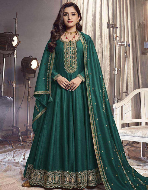 Gable Green Pant style Anarkali Semi-Stitched Salwar Kameez Salwar Kameez in Embroidery, Sequins & Lace Work