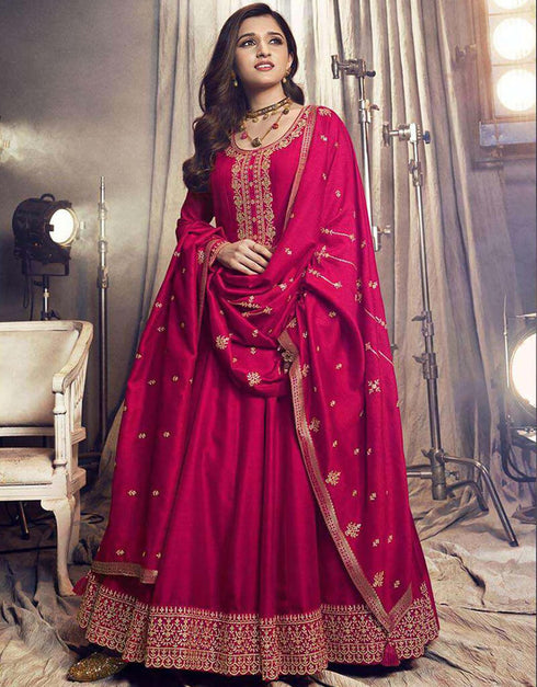 Red Purple Pant style Anarkali Semi-Stitched Salwar Kameez Salwar Kameez in Embroidery, Sequins & Lace Work