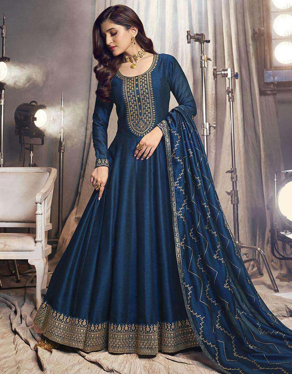 Blue Dianne Pant style Anarkali Semi-Stitched Salwar Kameez Salwar Kameez in Embroidery, Sequins & Lace Work