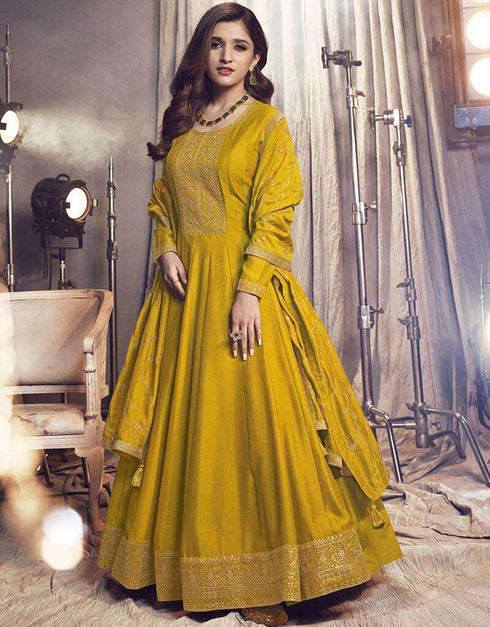 Yellow Ochre Pant style Anarkali Semi-Stitched Salwar Kameez Salwar Kameez in Embroidery, Sequins & Lace Work