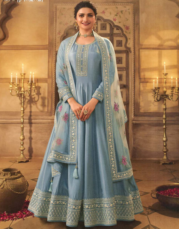 Mist Blue Pant style Anarkali Semi-Stitched Salwar Kameez Salwar Kameez in Embroidery, Sequins & Lace Work
