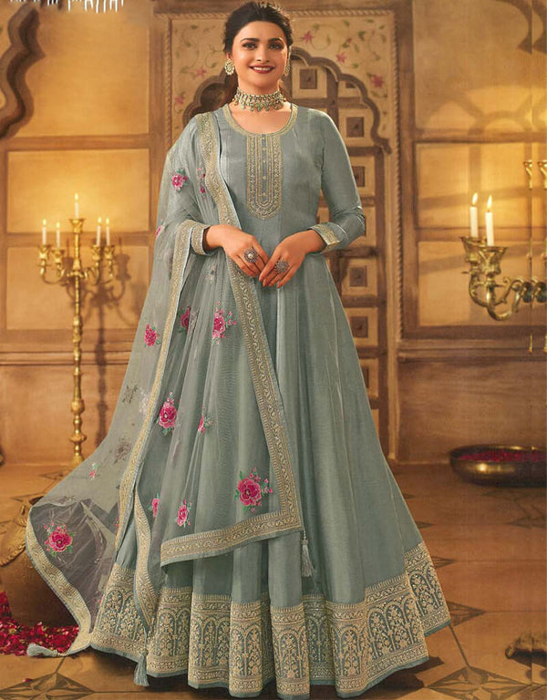 Fuscous Grey Pant style Anarkali Semi-Stitched Salwar Kameez Salwar Kameez in Embroidery, Sequins & Lace Work