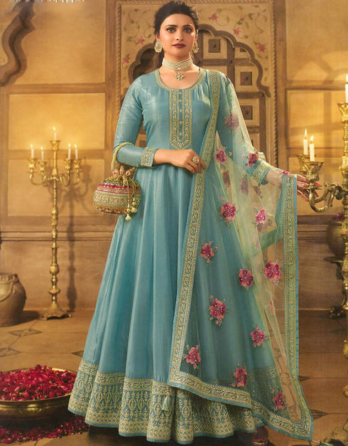 Blue Smoke Pant style Anarkali Semi-Stitched Salwar Kameez Salwar Kameez in Embroidery, Sequins & Lace Work