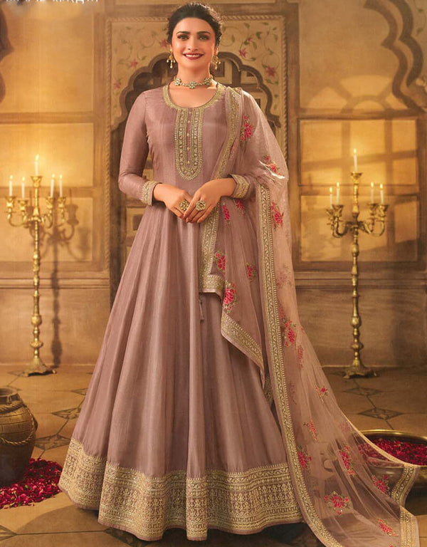 Pinkish Brown Pant style Anarkali Semi-Stitched Salwar Kameez Salwar Kameez in Embroidery, Sequins & Lace Work