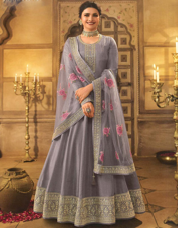 Cloudy Grey Pant style Anarkali Semi-Stitched Salwar Kameez Salwar Kameez in Embroidery, Sequins & Lace Work