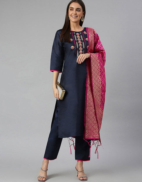 Slub Silk Blend Navy Blue Suit Suit Pant Bottom