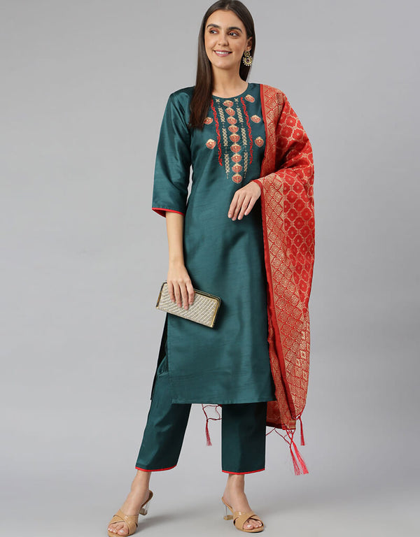 Slub Silk Blend Teal Suit Suit Pant Bottom