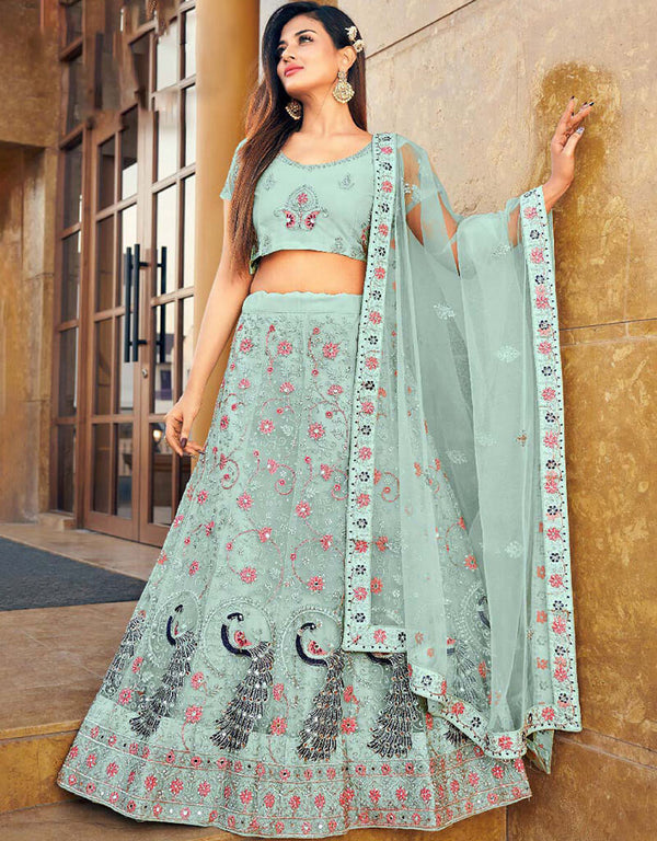 Quill Grey Lehenga style Blouse Semi-Stitched Heavy Designer Lehenga Choli Salwar Kameez in Embroidery, Daimonds, Real Mirror & Lace Work