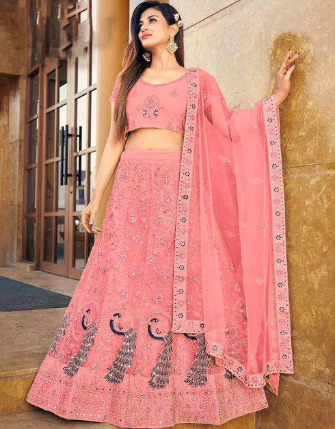 Sweet Pink Lehenga style Blouse Semi-Stitched Heavy Designer Lehenga Choli Salwar Kameez in Embroidery, Daimonds, Real Mirror & Lace Work