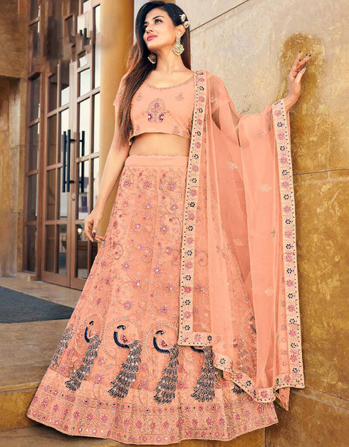 Hit Pink Lehenga style Blouse Semi-Stitched Heavy Designer Lehenga Choli Salwar Kameez in Embroidery, Daimonds, Real Mirror & Lace Work