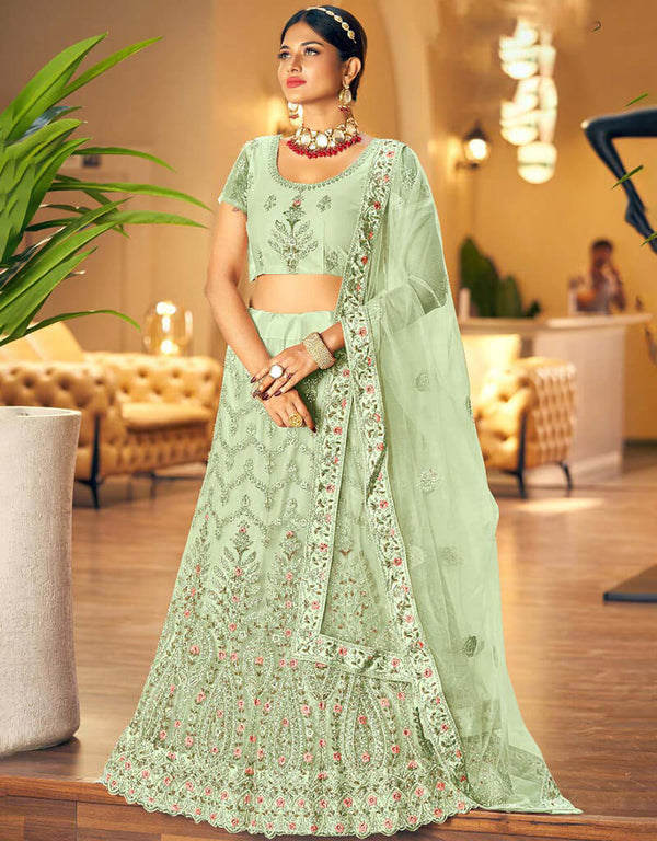 Beryl Green Lehenga style Blouse Semi-Stitched Heavy Designer Lehenga Choli Salwar Kameez in Embroidery, Daimonds, Real Mirror & Lace Work