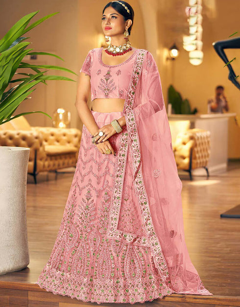 Sea Pink Lehenga style Blouse Semi-Stitched Heavy Designer Lehenga Choli Salwar Kameez in Embroidery, Daimonds, Real Mirror & Lace Work