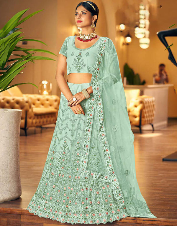 Green Grey Lehenga style Blouse Semi-Stitched Heavy Designer Lehenga Choli Salwar Kameez in Embroidery, Daimonds, Real Mirror & Lace Work
