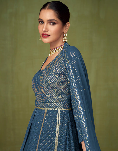 Blue Faux Georgette Anarkali Salwar Suit Closure View