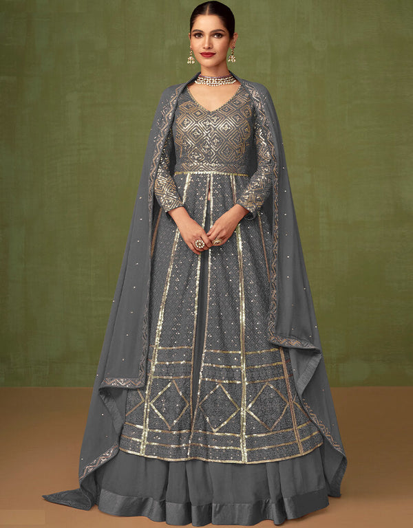 Grey Faux Georgette Anarkali Salwar Suit