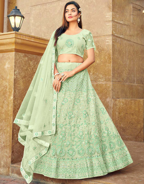Tea Green Lehenga style Blouse Semi-Stitched Heavy Designer Lehenga Choli Salwar Kameez in Embroidery, Daimonds, Real Mirror & Lace Work