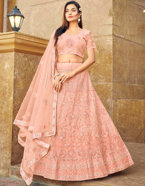 Light Rose Lehenga style Blouse Semi-Stitched Heavy Designer Lehenga Choli Salwar Kameez in Embroidery, Daimonds, Real Mirror & Lace Work