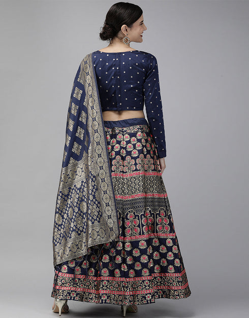 Navy Blue Banarasi Silk Jacquard Lehenga Choli Closure View