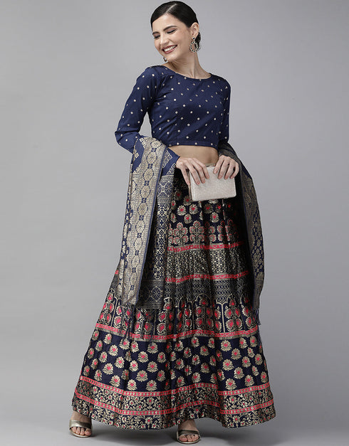 Navy Blue Banarasi Silk Jacquard Lehenga Choli