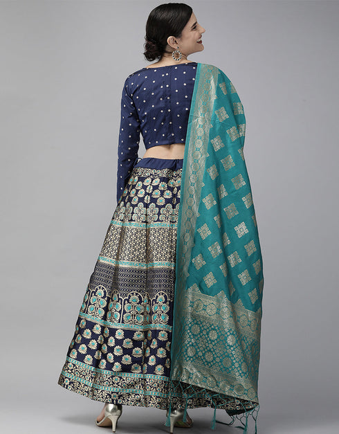 Navy Blue Banarasi Silk Jacquard Lehenga Choli Closure View