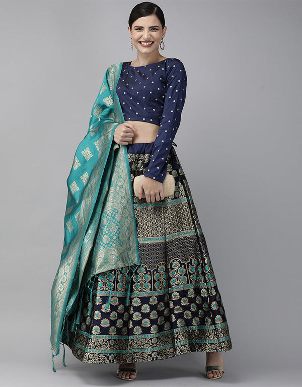 Navy Blue Banarasi Silk Jacquard Lehenga Choli