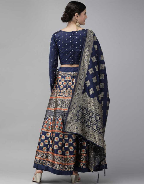 Navy Blue Banarasi Silk Jacquard Lehenga Choli Closure View
