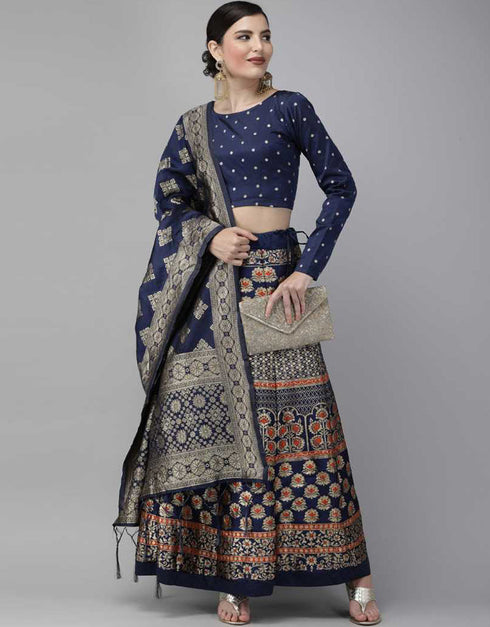 Navy Blue Banarasi Silk Jacquard Lehenga Choli