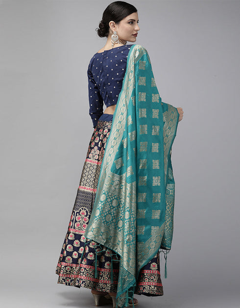 Navy Blue Banarasi Silk Jacquard Lehenga Choli Closure View