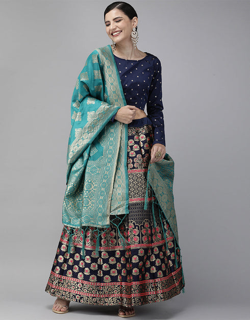 Navy Blue Banarasi Silk Jacquard Lehenga Choli