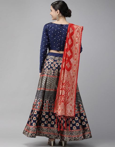 Navy Blue Banarasi Silk Jacquard Lehenga Choli Closure View
