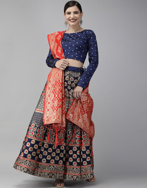 Navy Blue Banarasi Silk Jacquard Lehenga Choli
