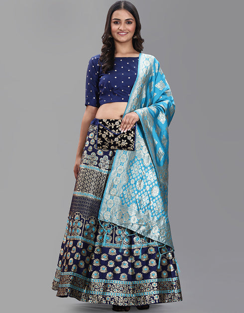 Navy Blue Banarasi Silk Jacquard Lehenga Choli