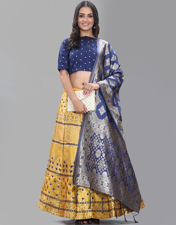 Navy Blue Banarasi Silk Jacquard Lehenga Choli
