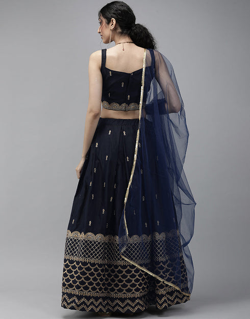 Dark Blue Taffeta Satin Lehenga Choli Closure View