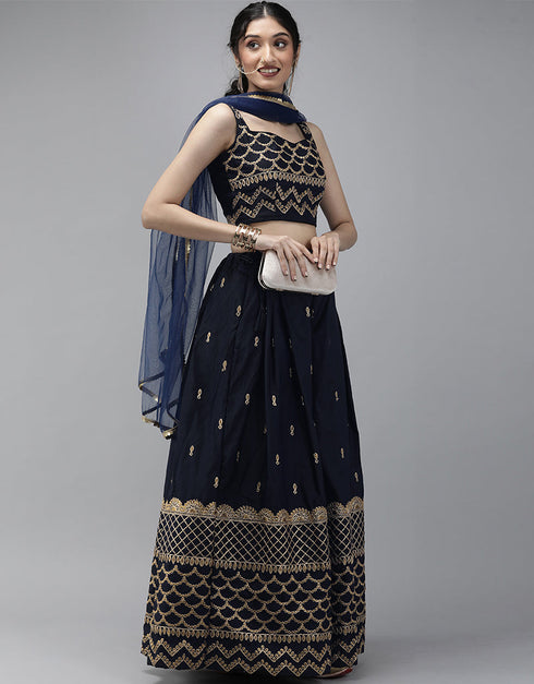 Dark Blue Taffeta Satin Lehenga Choli