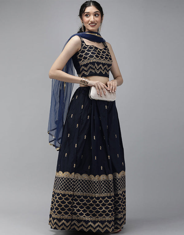 Dark Blue Taffeta Satin Lehenga Choli