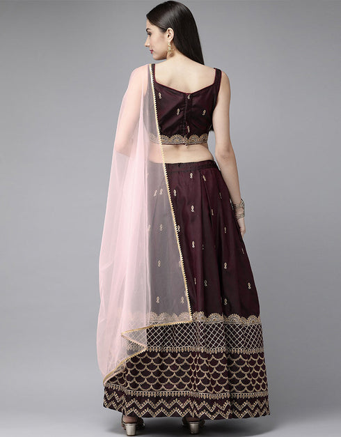 Dark Maroon Taffeta Satin Lehenga Choli Closure View