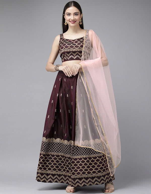 Dark Maroon Taffeta Satin Lehenga Choli